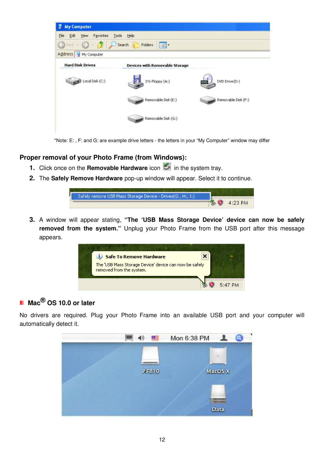 Transcend Information PF810 user manual Proper removal of your Photo Frame from Windows, Mac OS 10.0 or later 