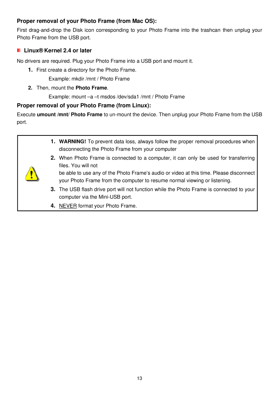 Transcend Information PF810 user manual Proper removal of your Photo Frame from Mac OS, Linux Kernel 2.4 or later 