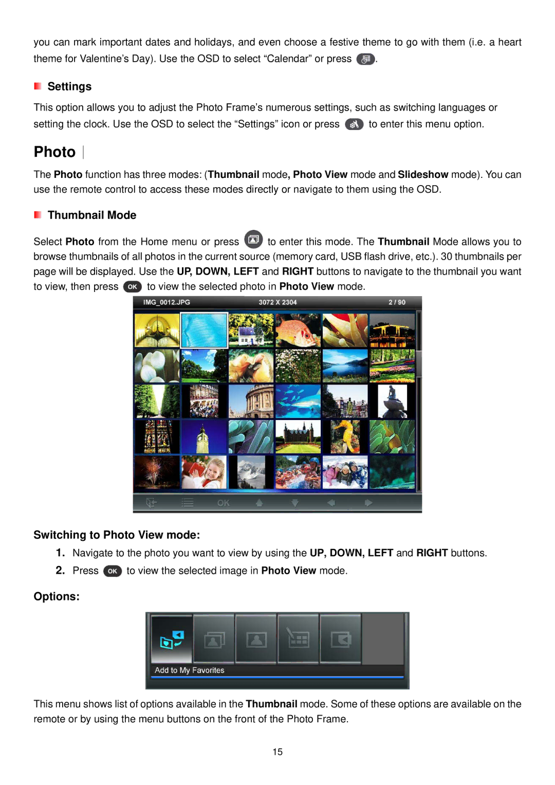 Transcend Information PF810 user manual Photo︱, Settings, Thumbnail Mode, Switching to Photo View mode, Options 