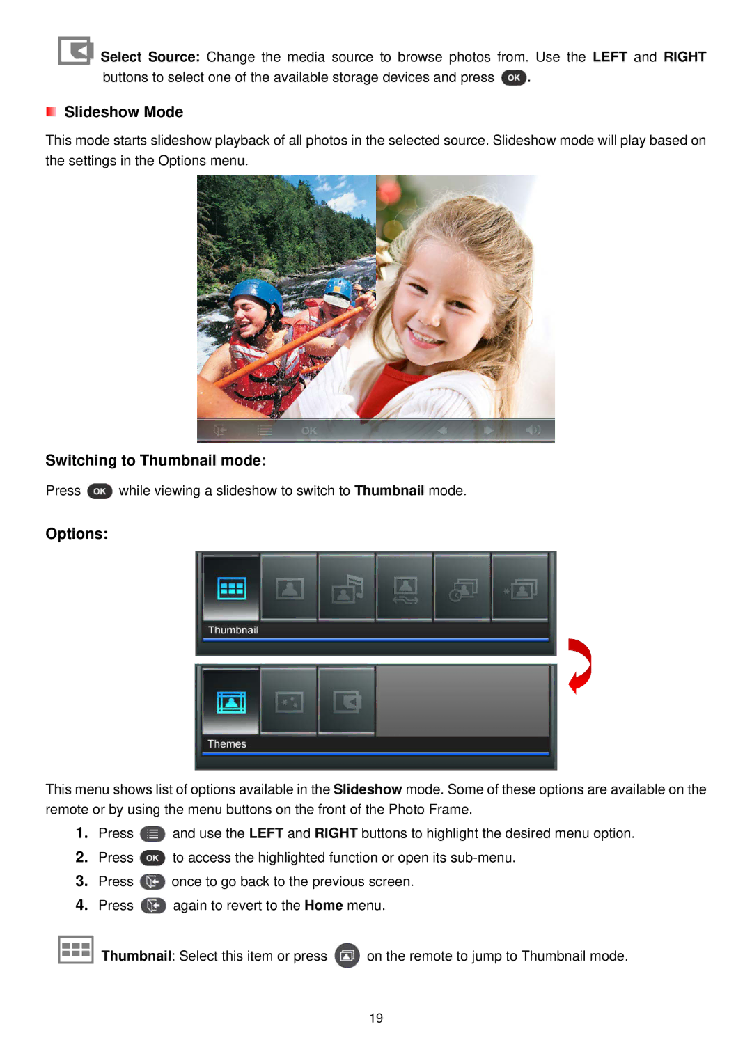 Transcend Information PF810 user manual Slideshow Mode, Switching to Thumbnail mode 