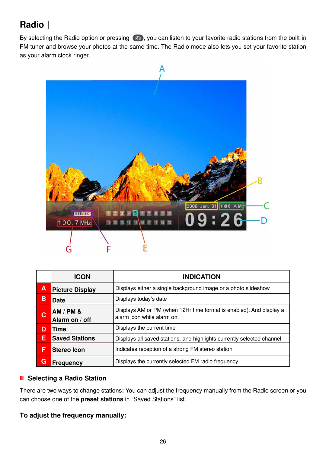 Transcend Information PF810 user manual Radio︱, Selecting a Radio Station, To adjust the frequency manually 