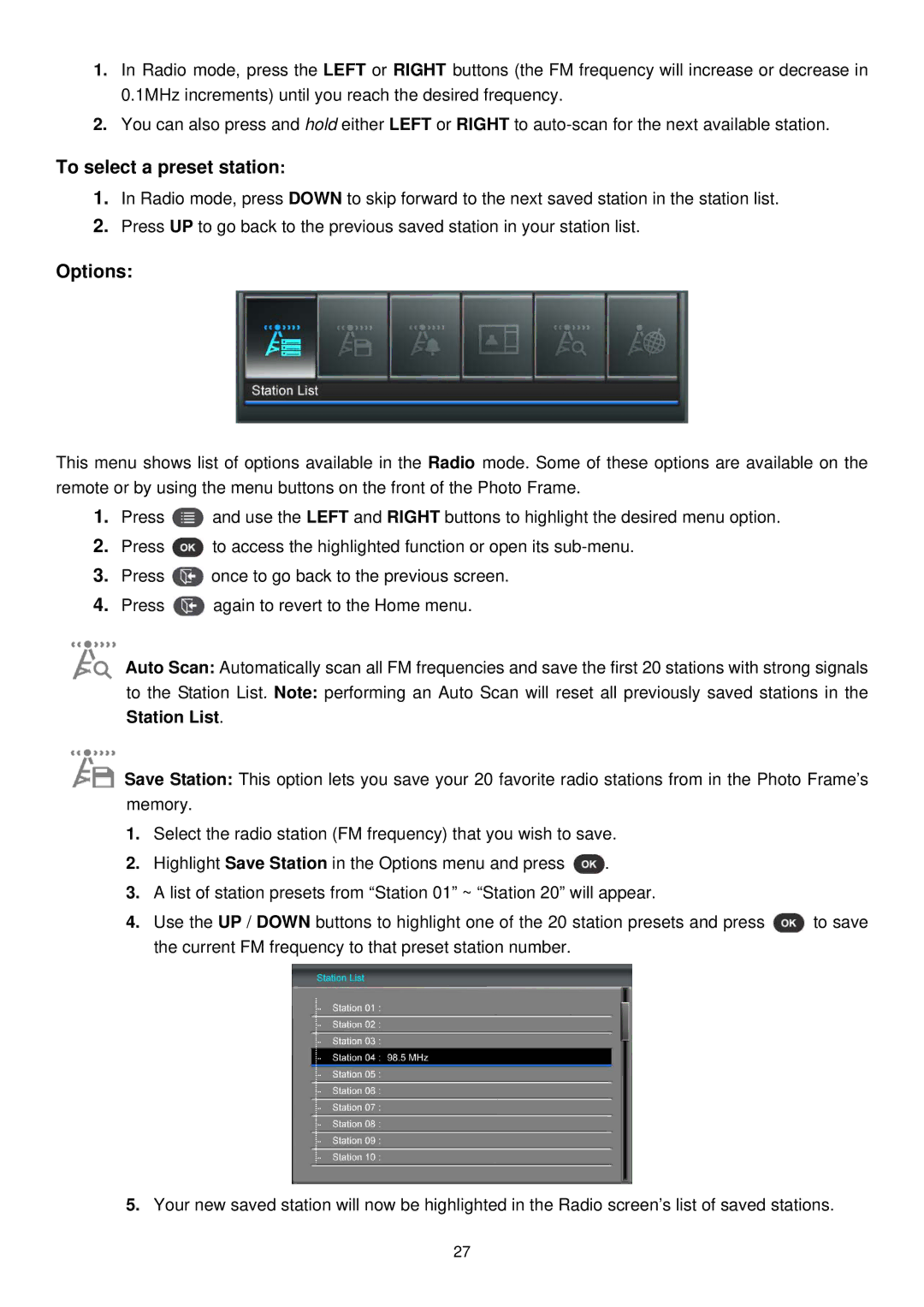 Transcend Information PF810 user manual To select a preset station, Station List 