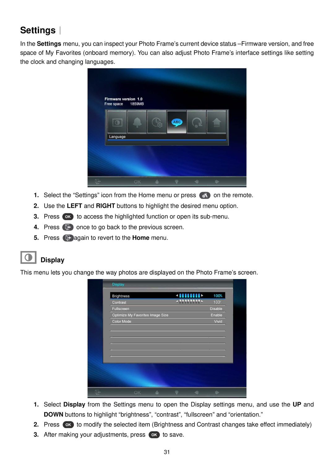 Transcend Information PF810 user manual Settings︱, Display 