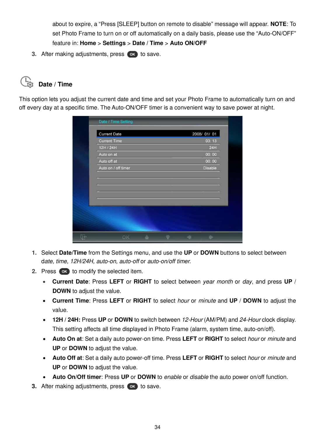 Transcend Information PF810 user manual Date / Time 