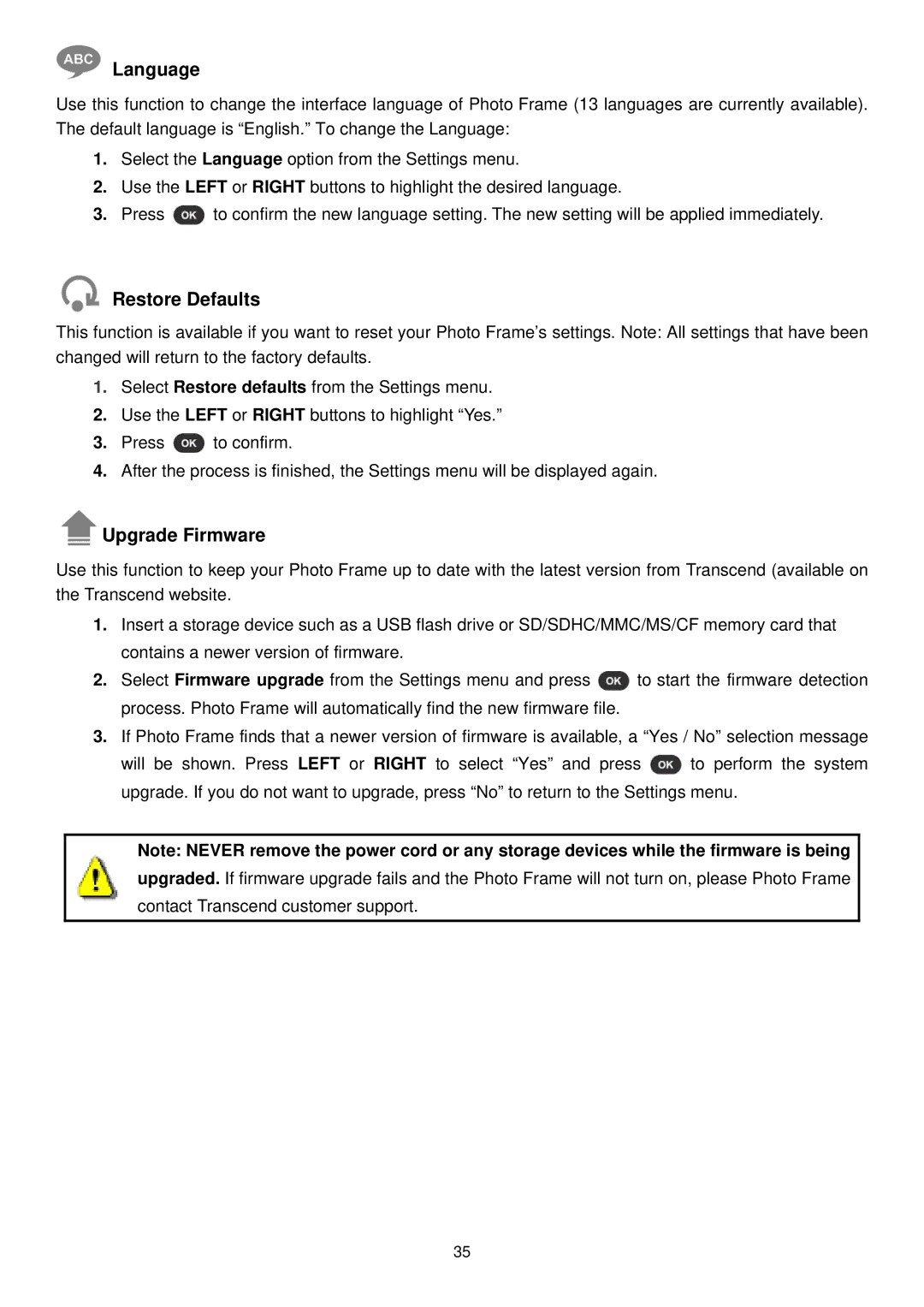 Transcend Information PF810 user manual Language, Restore Defaults, Upgrade Firmware 