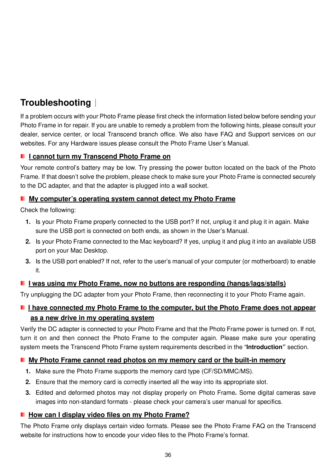 Transcend Information PF810 user manual Troubleshooting︱, Cannot turn my Transcend Photo Frame on 