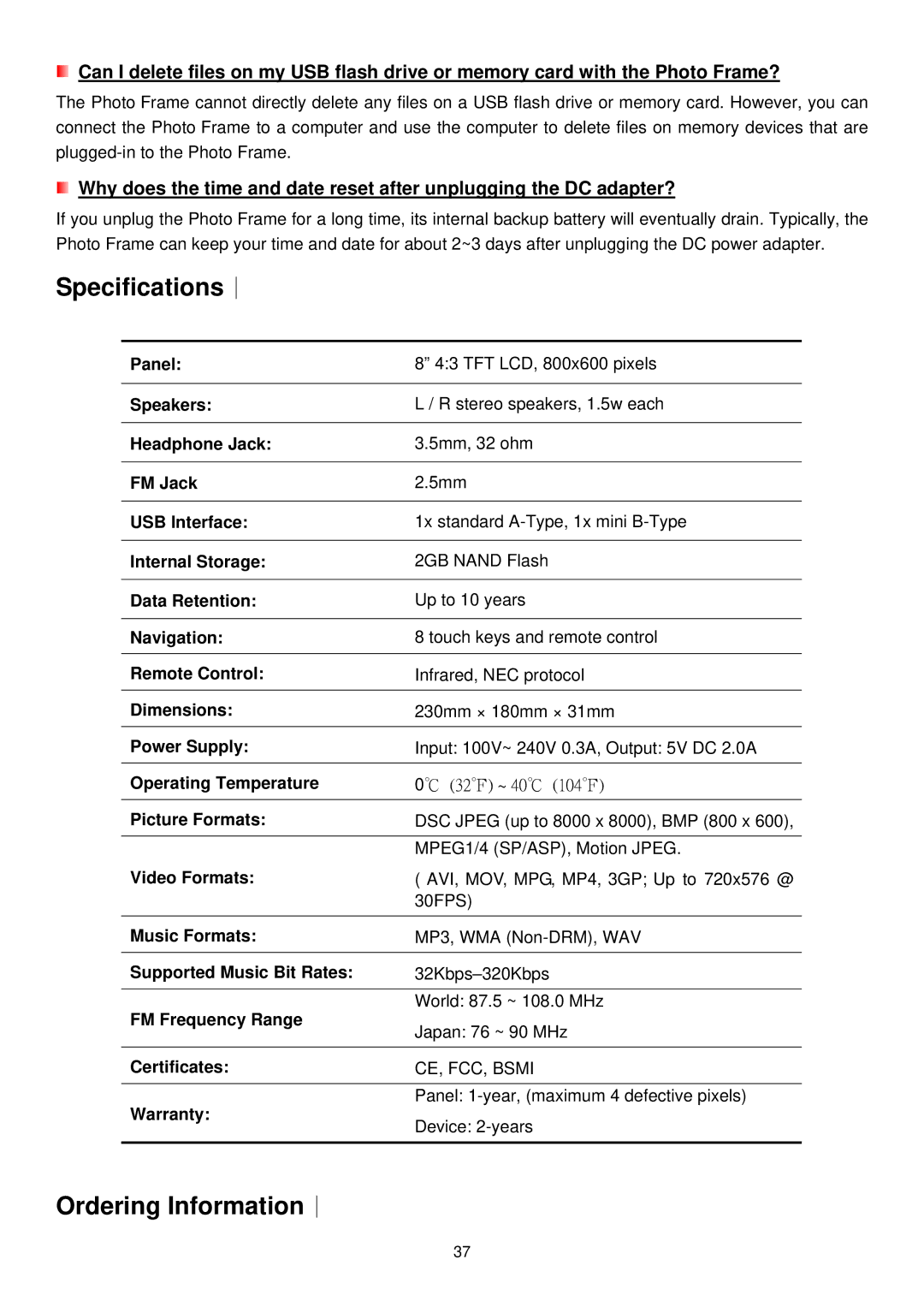 Transcend Information PF810 user manual Specifications︱, Ordering Information︱ 