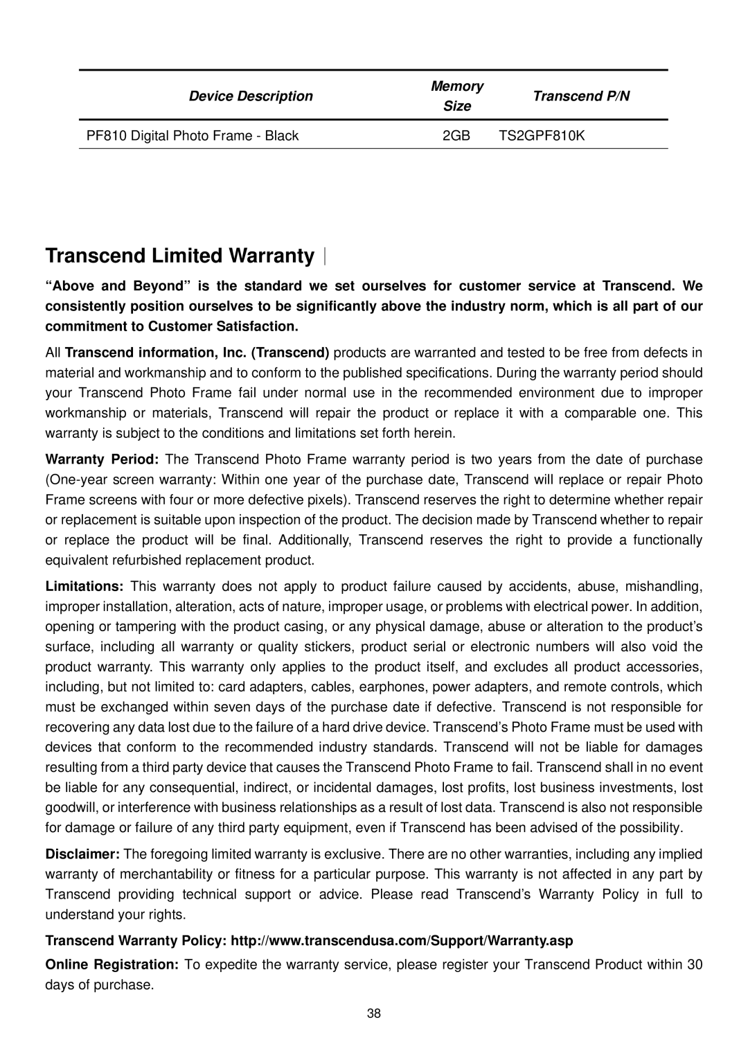 Transcend Information PF810 user manual Transcend Limited Warranty︱ 