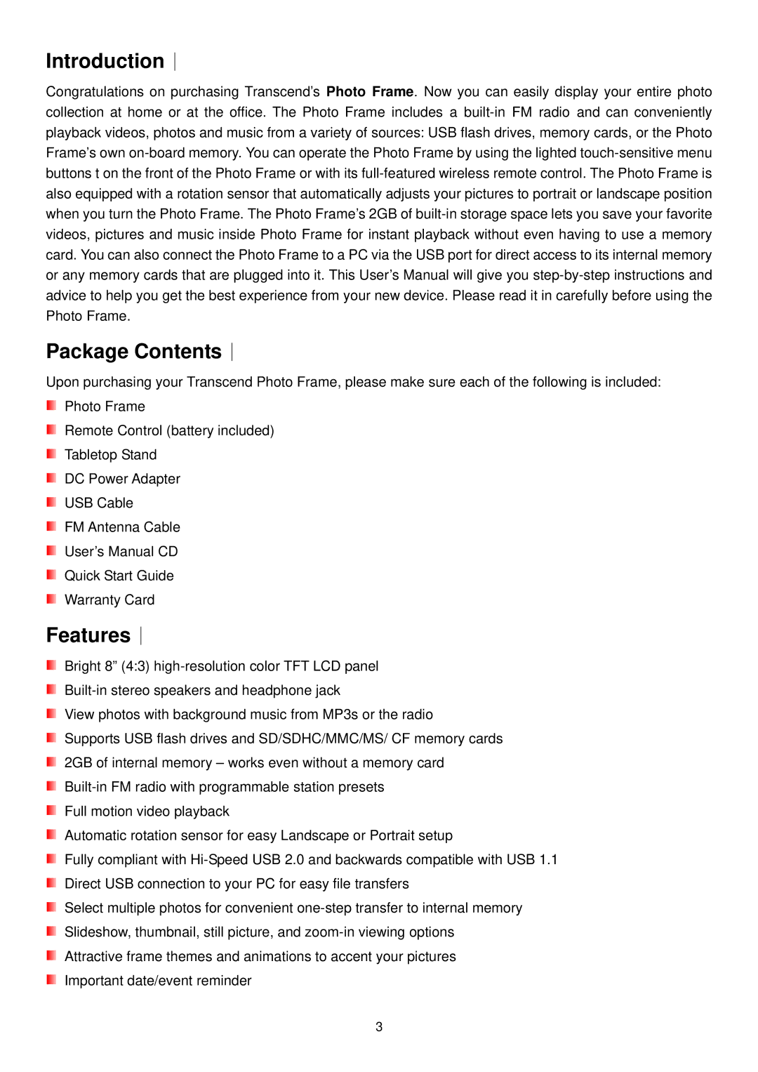 Transcend Information PF810 user manual Introduction︱, Package Contents︱, Features︱ 