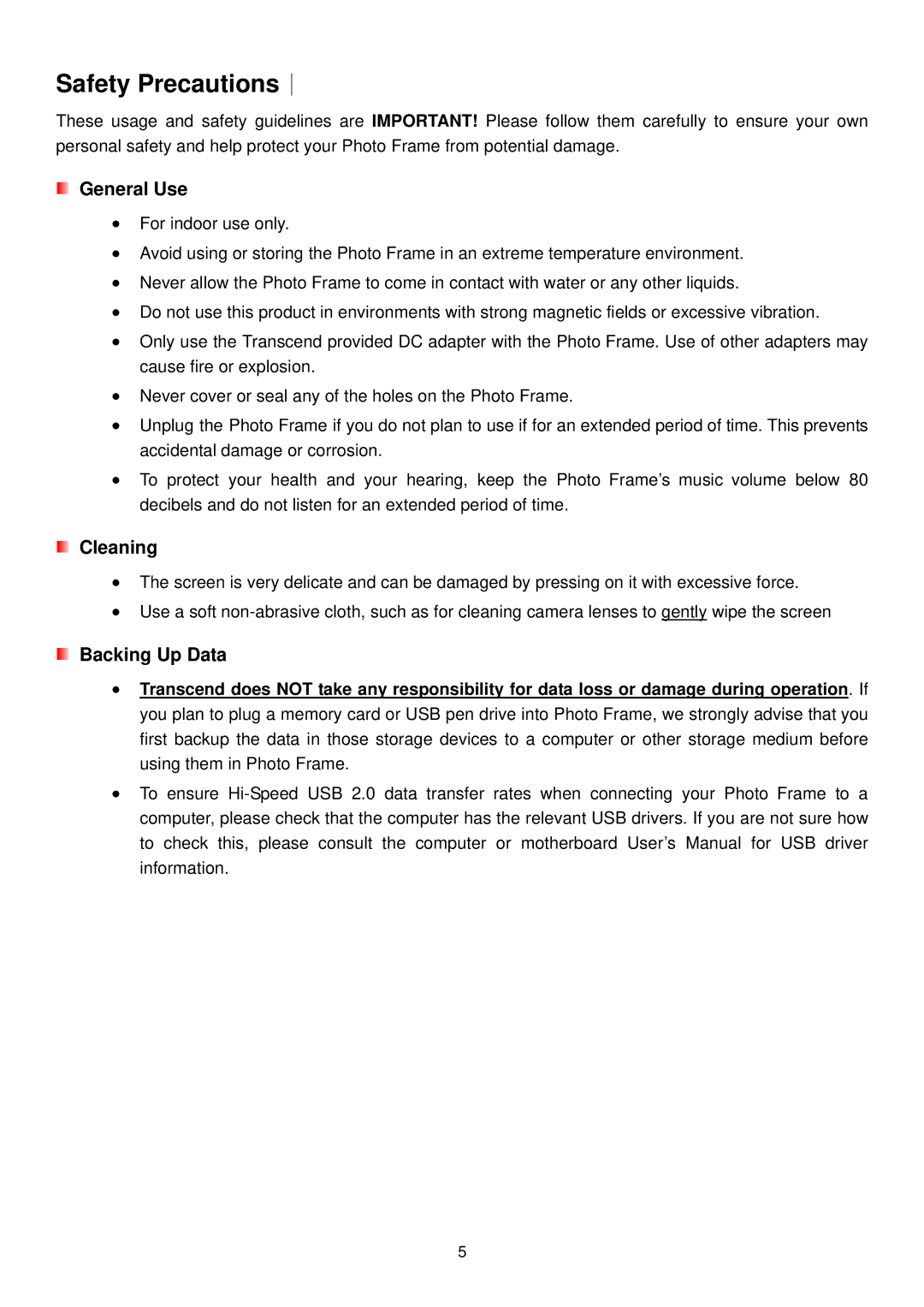 Transcend Information PF810 user manual Safety Precautions︱, General Use, Cleaning, Backing Up Data 