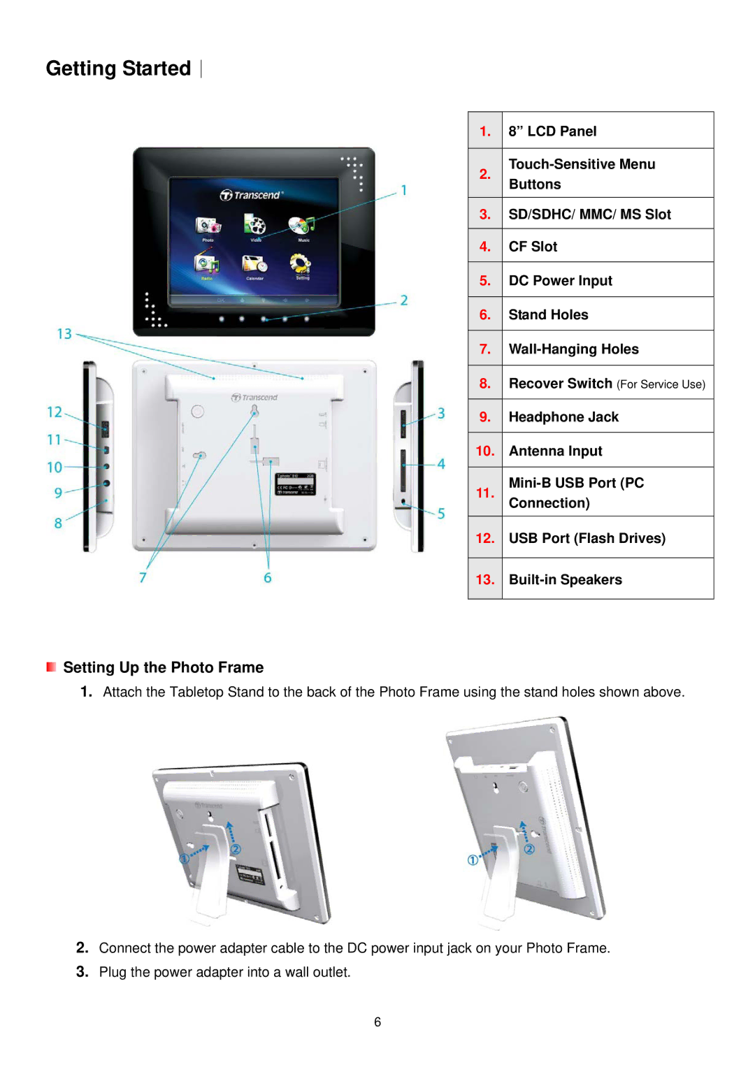 Transcend Information PF810 user manual Getting Started︱, Setting Up the Photo Frame 