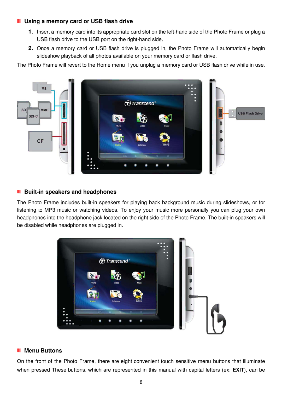 Transcend Information PF810 Using a memory card or USB flash drive, Built-in speakers and headphones, Menu Buttons 