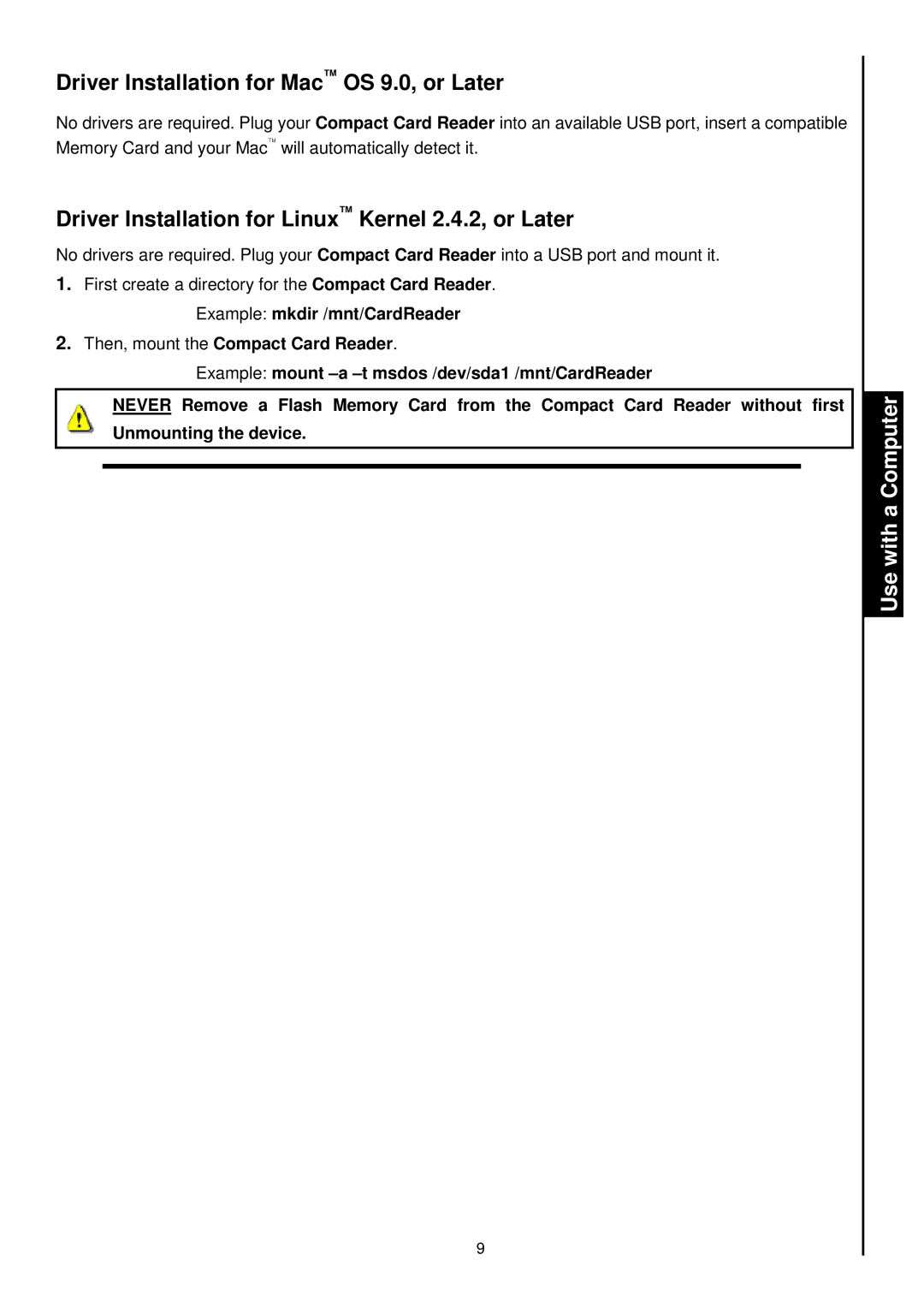 Transcend Information RDS1/S2/S5/S6 DriverInstallationforMacOS9.0,orLater, DriverInstallationforLinuxKernel2.4.2,orLater 