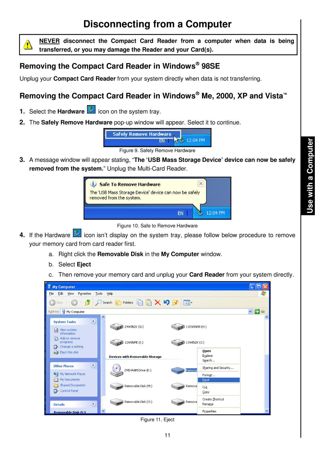 Transcend Information RDS1/S2/S5/S6 manual DisconnectingfromaComputer, RemovingtheCompactCardReaderinWindows98SE 