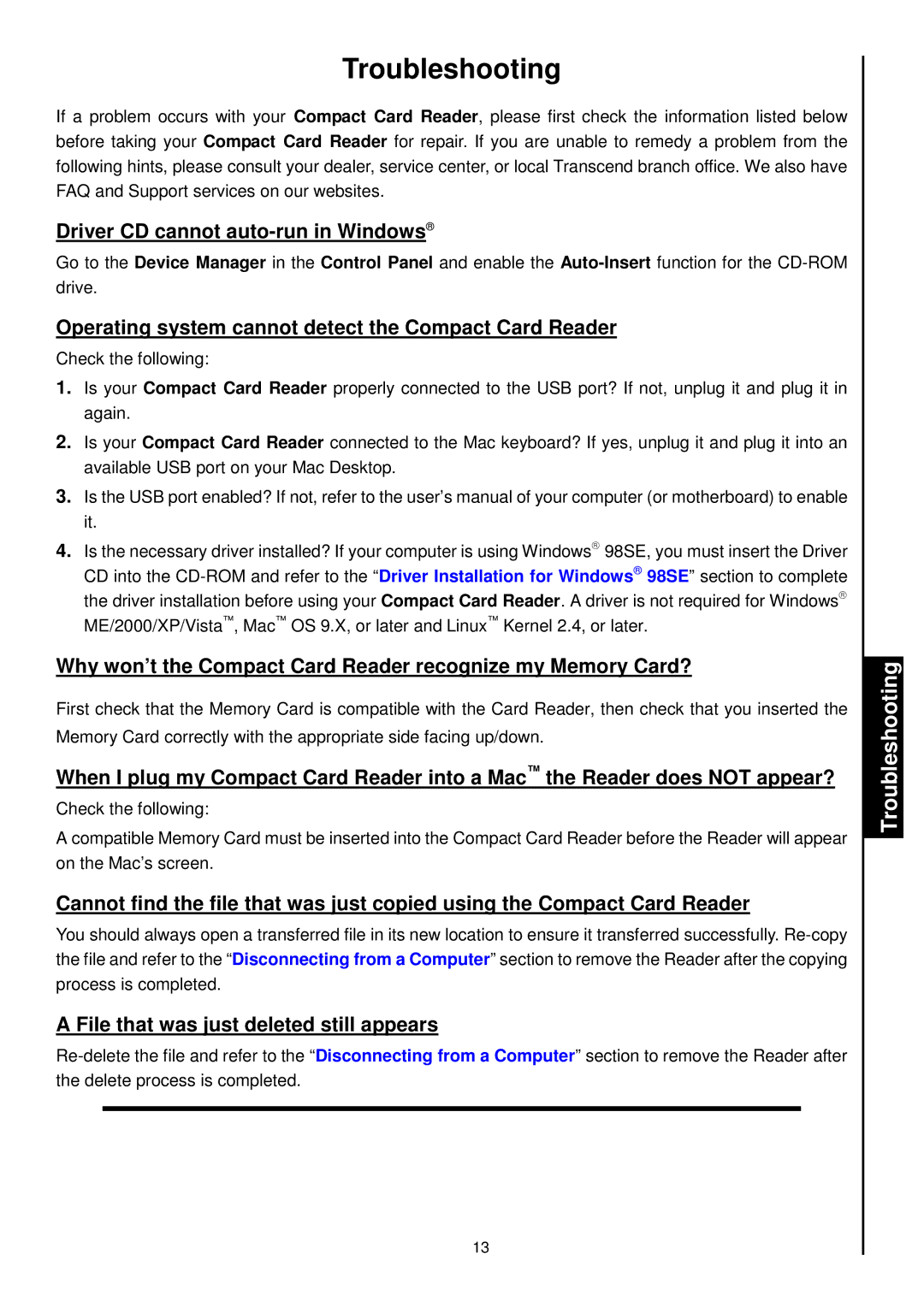 Transcend Information RDS1/S2/S5/S6 manual Troubleshooting, OperatingsystemcannotdetecttheCompactCardReader 