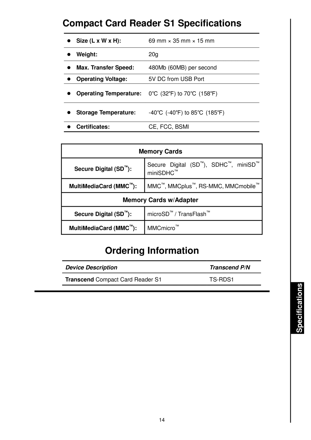 Transcend Information RDS1/S2/S5/S6 manual CompactCardReaderS1Specifications, OrderingInformation 