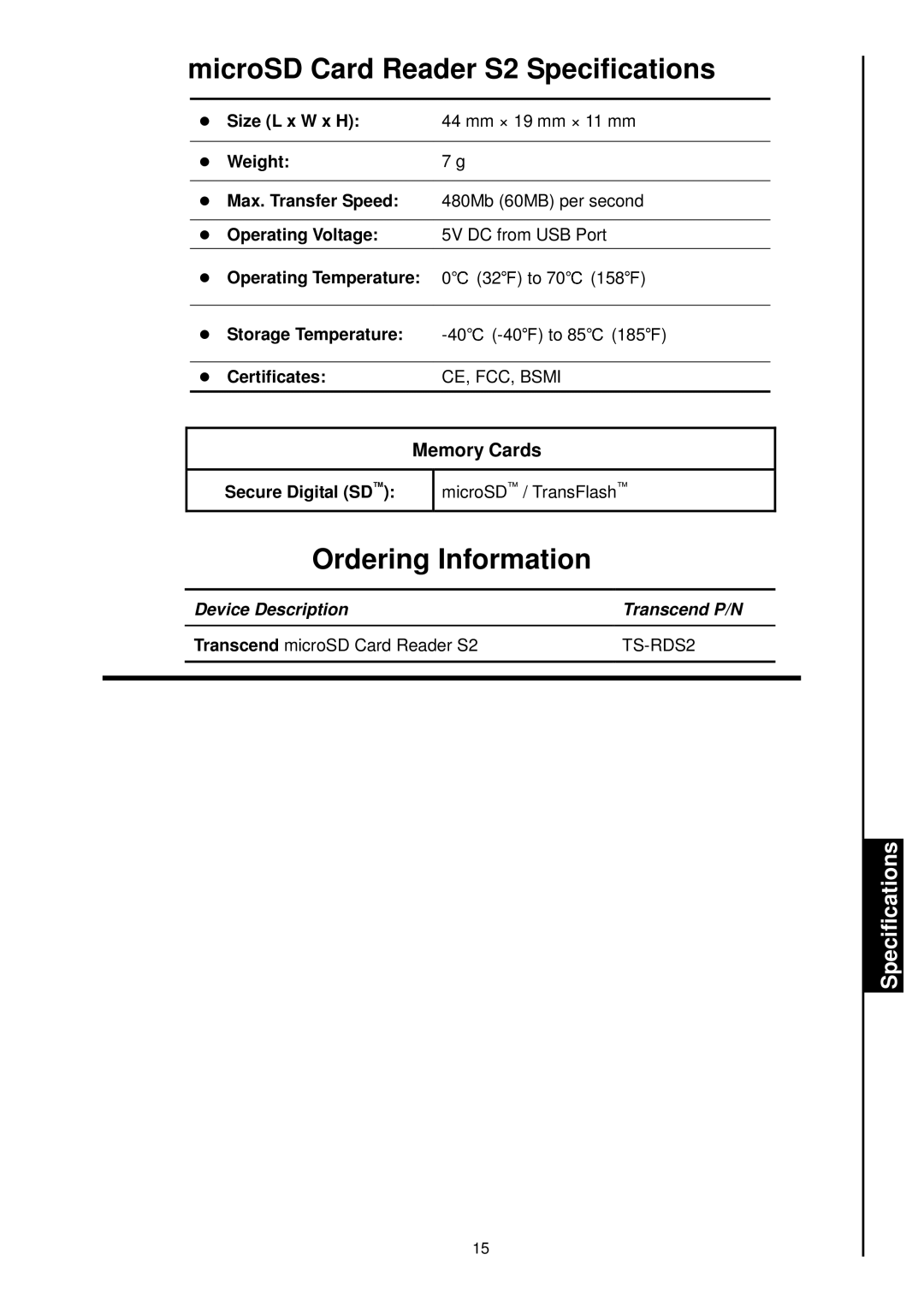 Transcend Information RDS1/S2/S5/S6 manual MicroSDCardReaderS2Specifications 