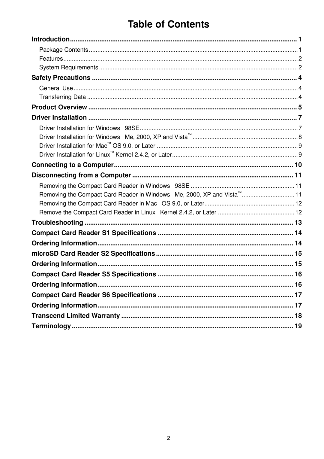 Transcend Information RDS1/S2/S5/S6 manual TableofContents 