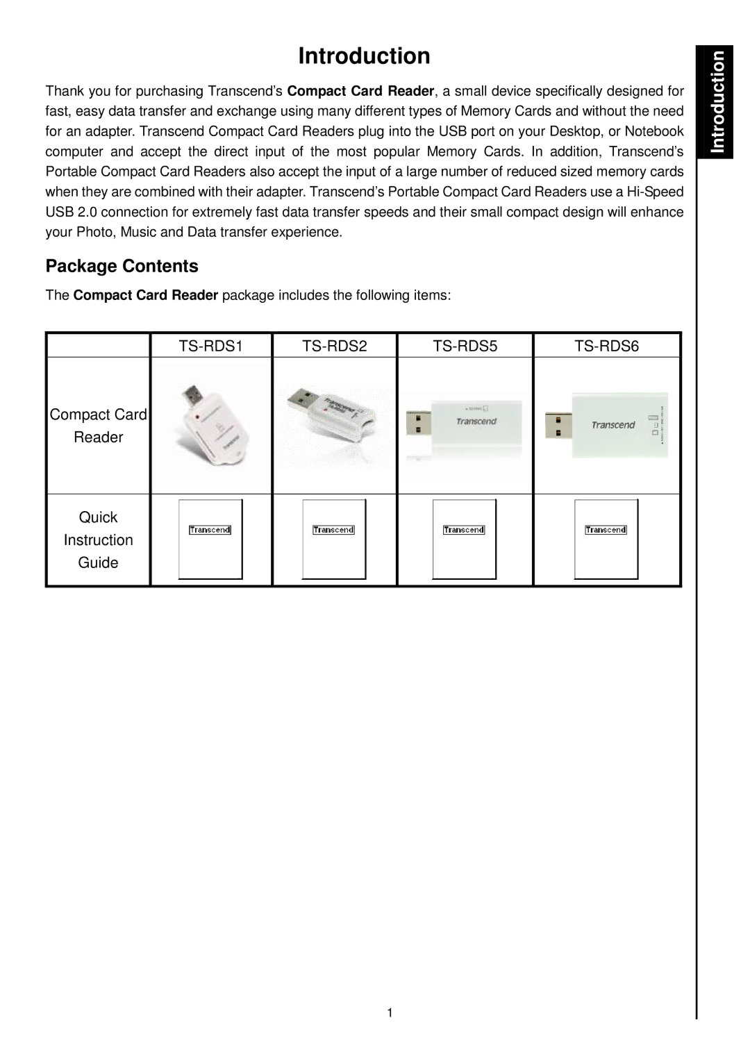 Transcend Information RDS1/S2/S5/S6 manual Introduction, PackageContents 