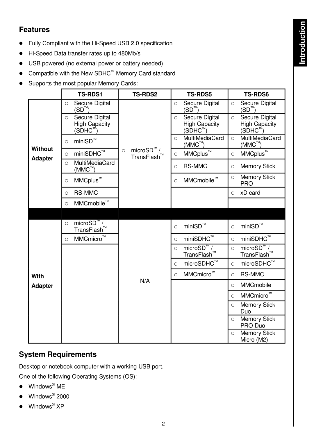 Transcend Information RDS1/S2/S5/S6 manual Features, SystemRequirements 