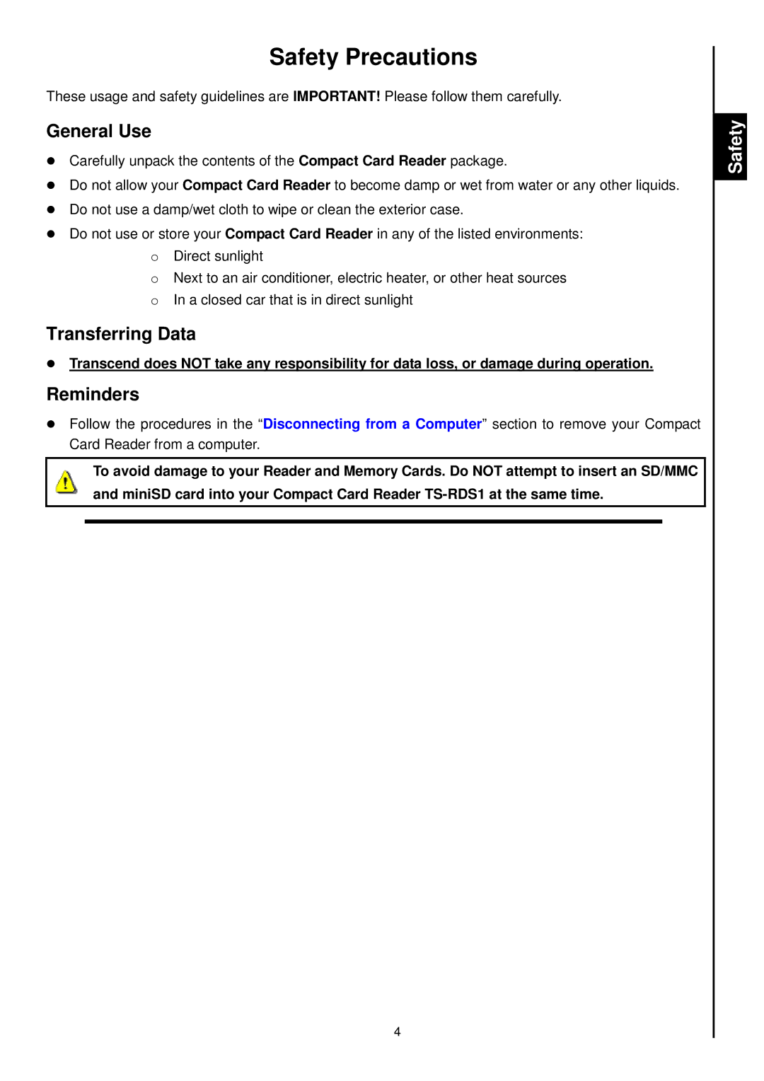 Transcend Information RDS1/S2/S5/S6 manual SafetyPrecautions, GeneralUse, TransferringData, Reminders 