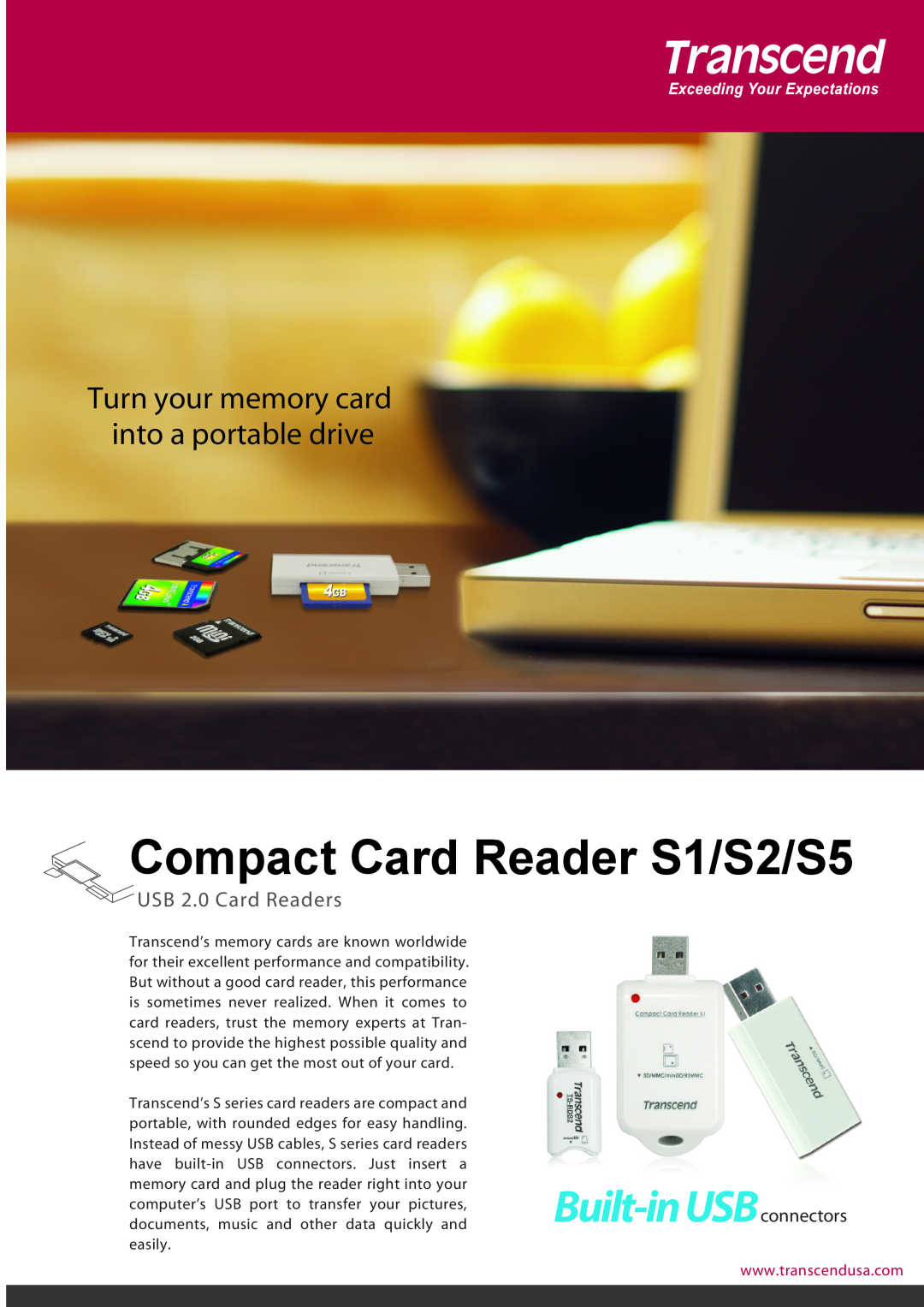 Transcend Information manual Built-inUSBconnectors, USB 2.0 Card Readers, Compact Card Reader S1/S2/S5 