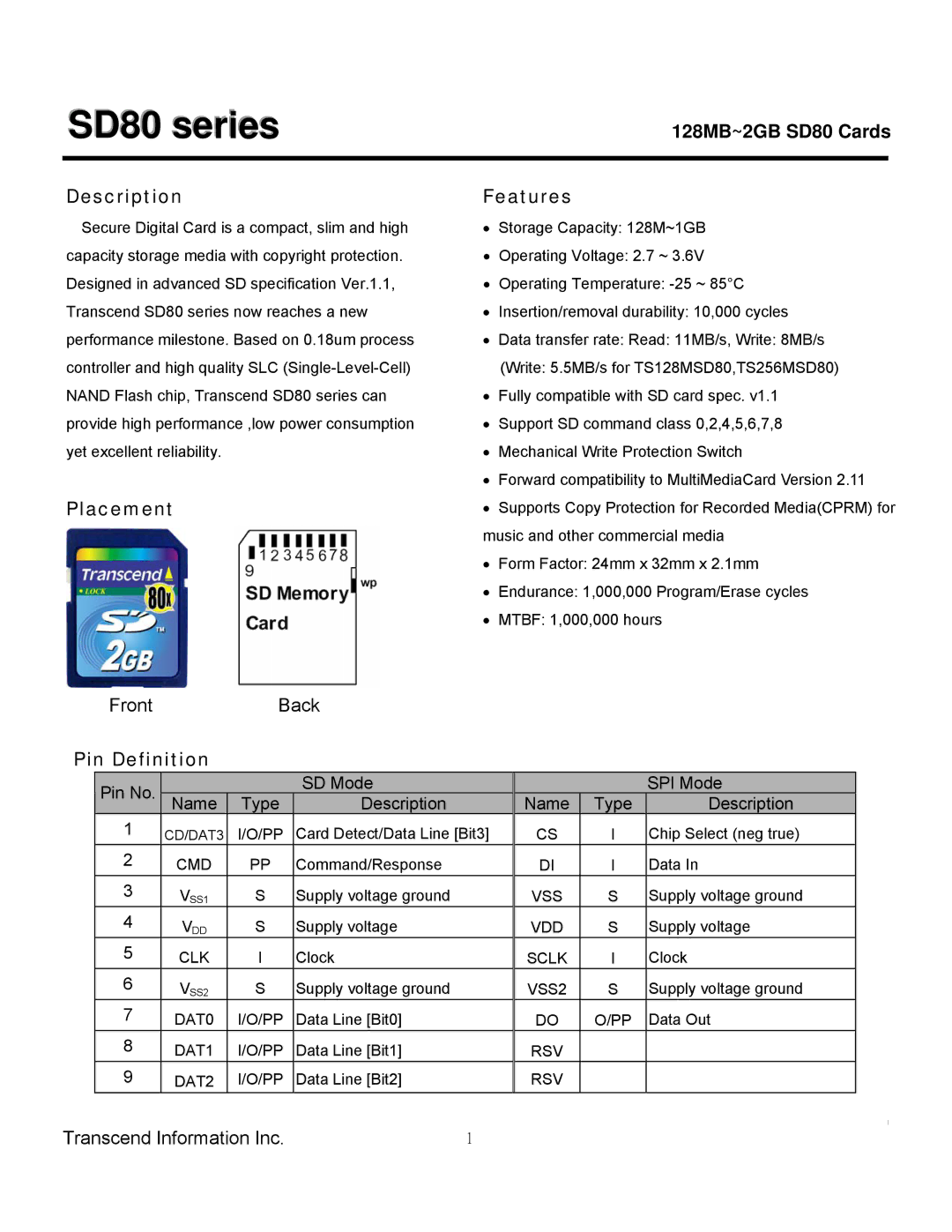 Transcend Information manual 128MB~2GB SD80 Cards Description Features, Placement, Pin Definition 