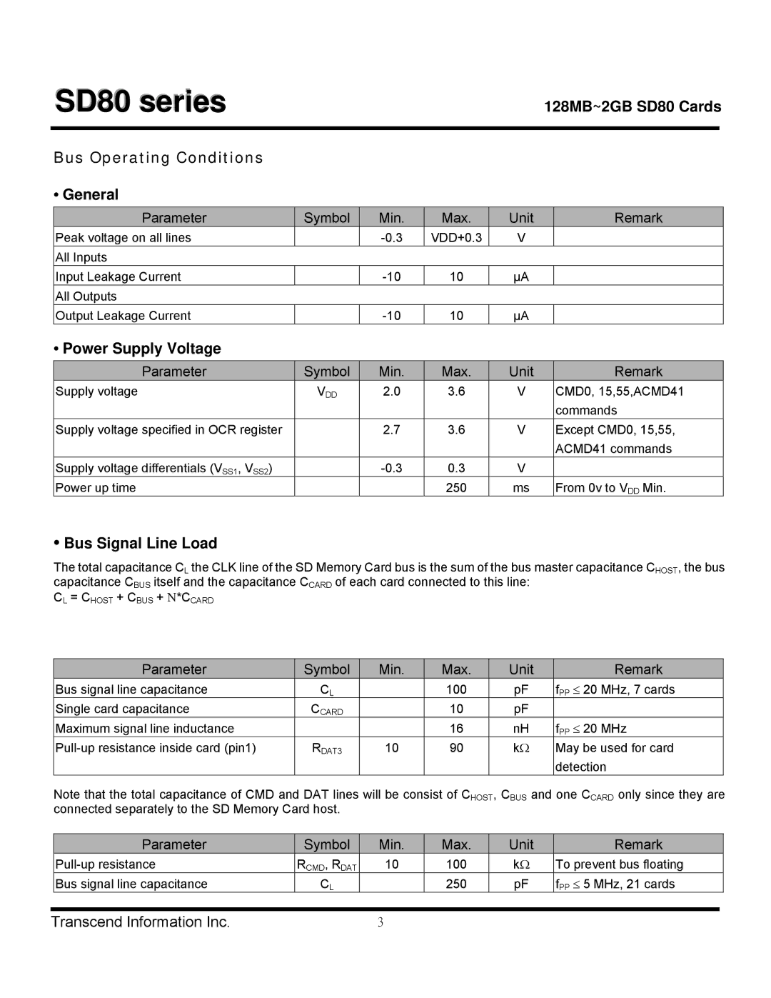 Transcend Information 128MB~2GB SD80 Cards Bus Operating Conditions General, Power Supply Voltage, Bus Signal Line Load 