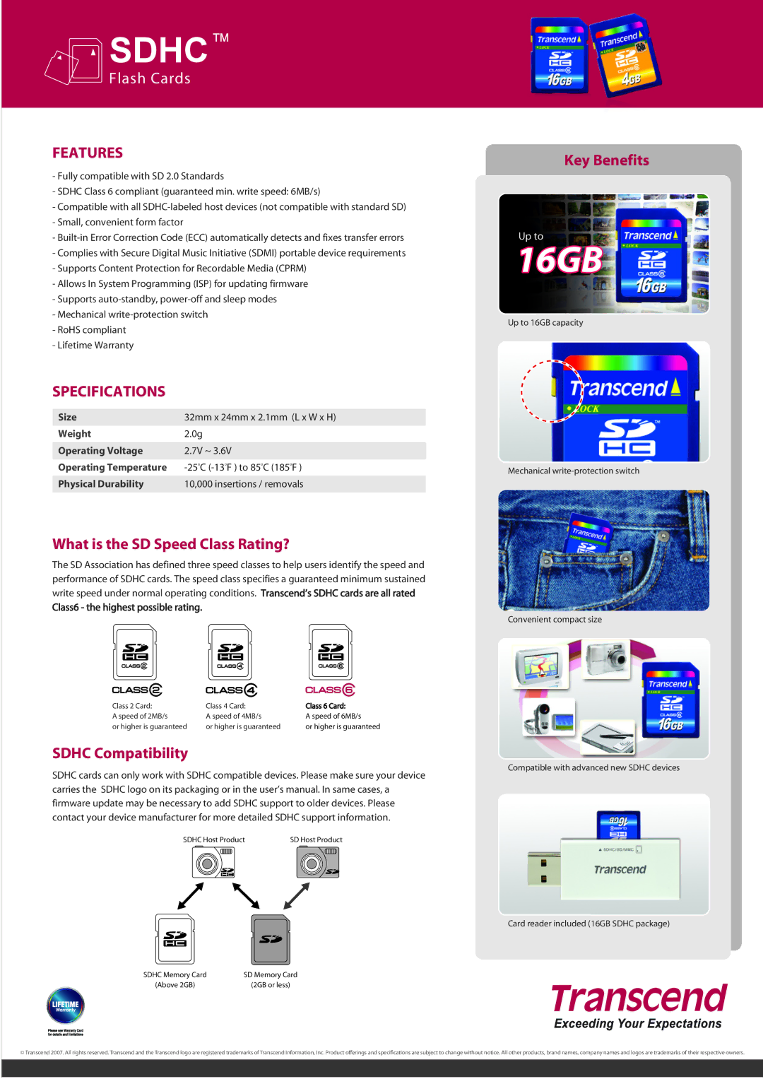 Transcend Information SDHC Class 6 manual 16GB, Sdhc, Features, Specifications 