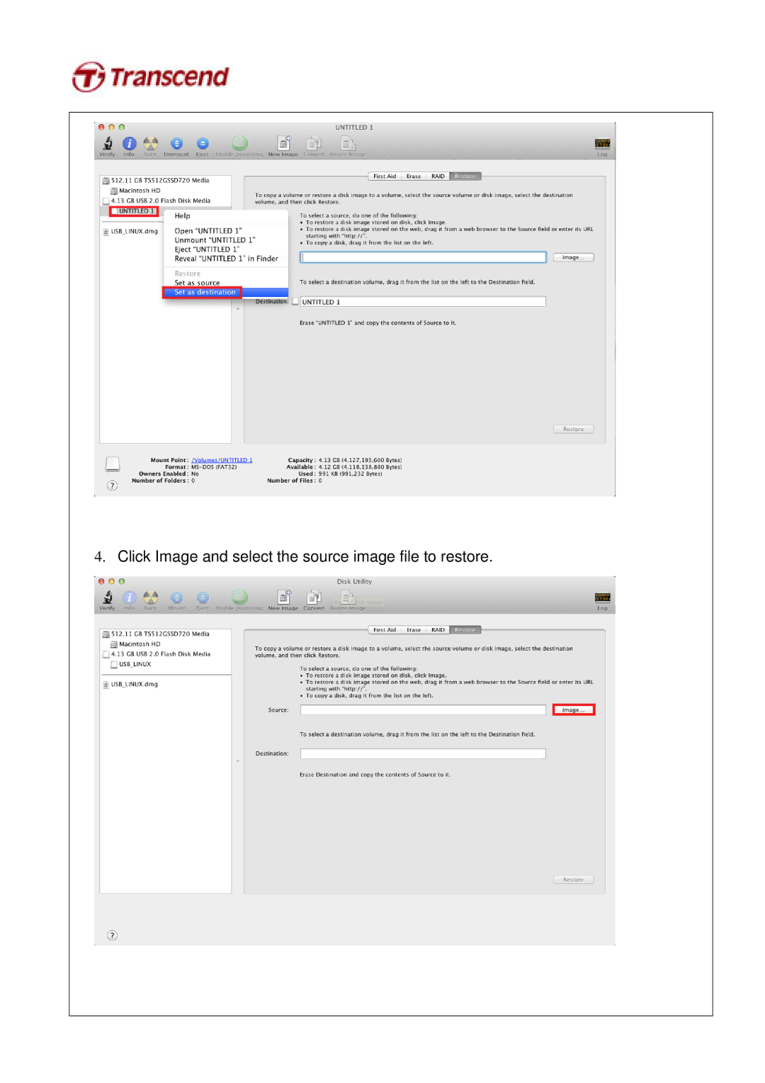 Transcend Information ssd720 user manual Click Image and select the source image file to restore 