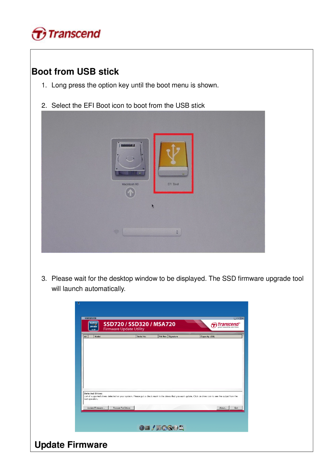 Transcend Information ssd720 user manual Boot from USB stick, Update Firmware 