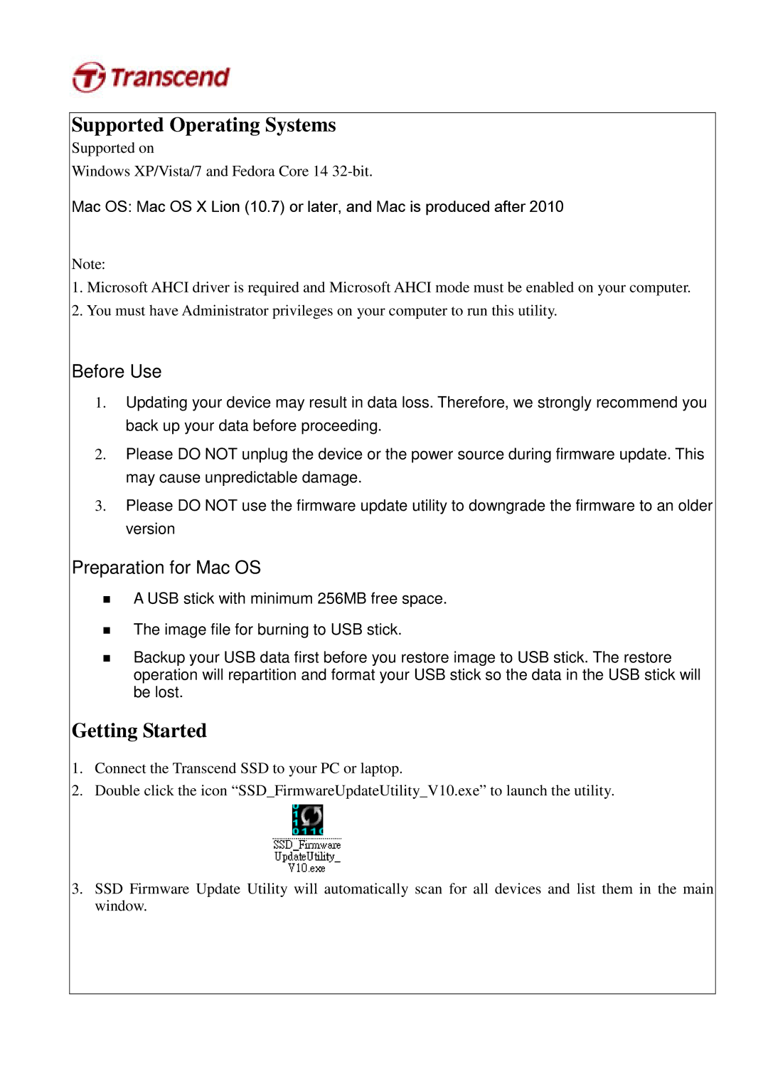 Transcend Information ssd720 user manual Supported Operating Systems, Getting Started 