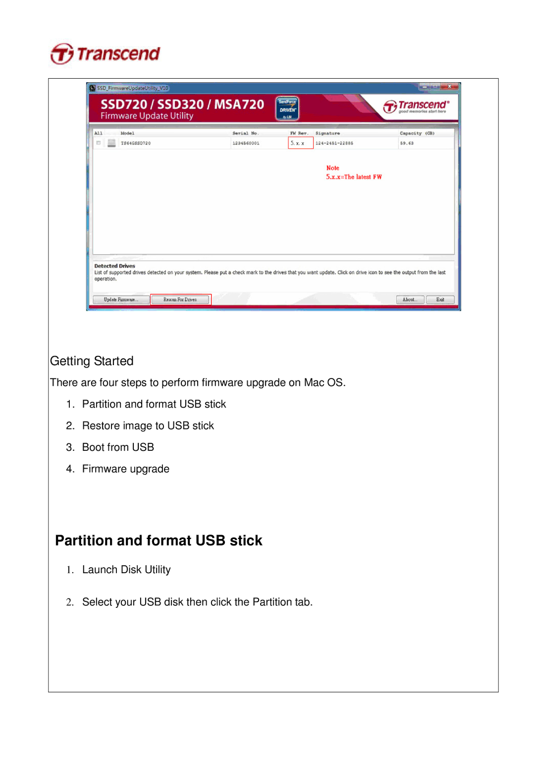 Transcend Information ssd720 user manual Partition and format USB stick, Getting Started 