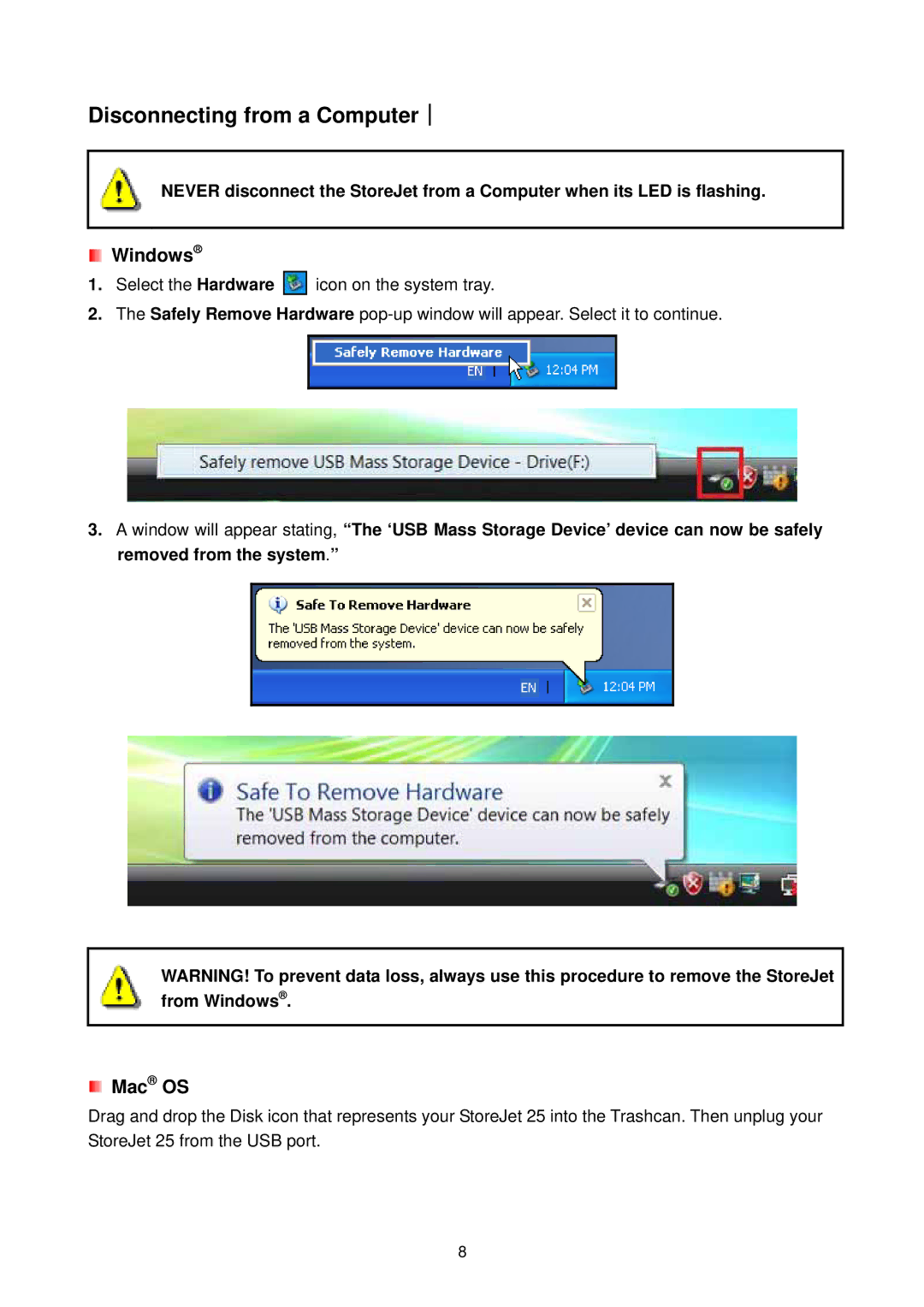 Transcend Information StoreJet 25 (Version 1.3) user manual Disconnecting from a Computer︱, Windows 