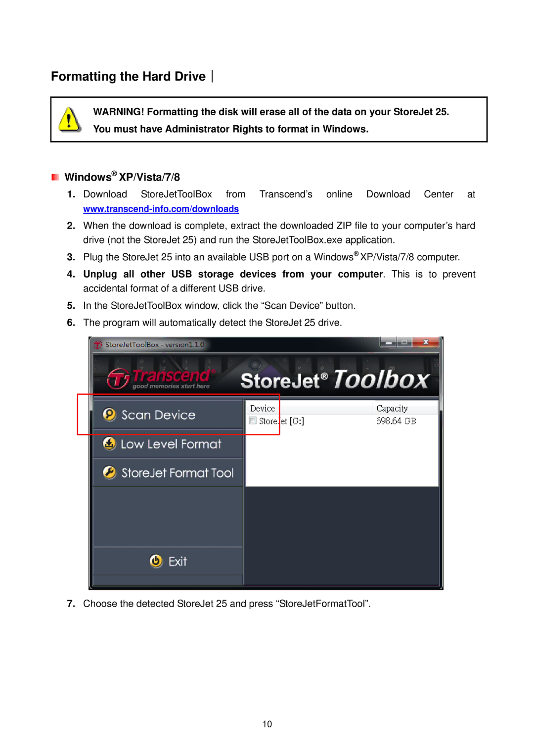 Transcend Information StoreJet 25 (Version 1.3) user manual Formatting the Hard Drive︱, Windows XP/Vista/7/8 