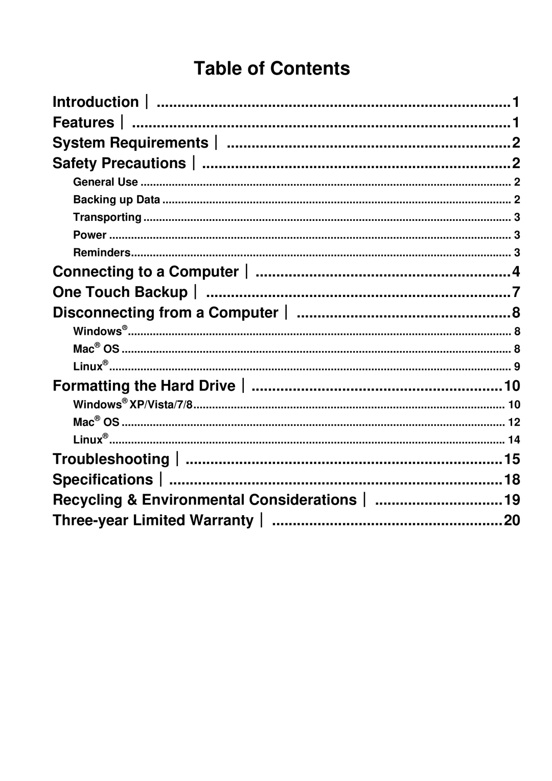 Transcend Information StoreJet 25 (Version 1.3) user manual Table of Contents 