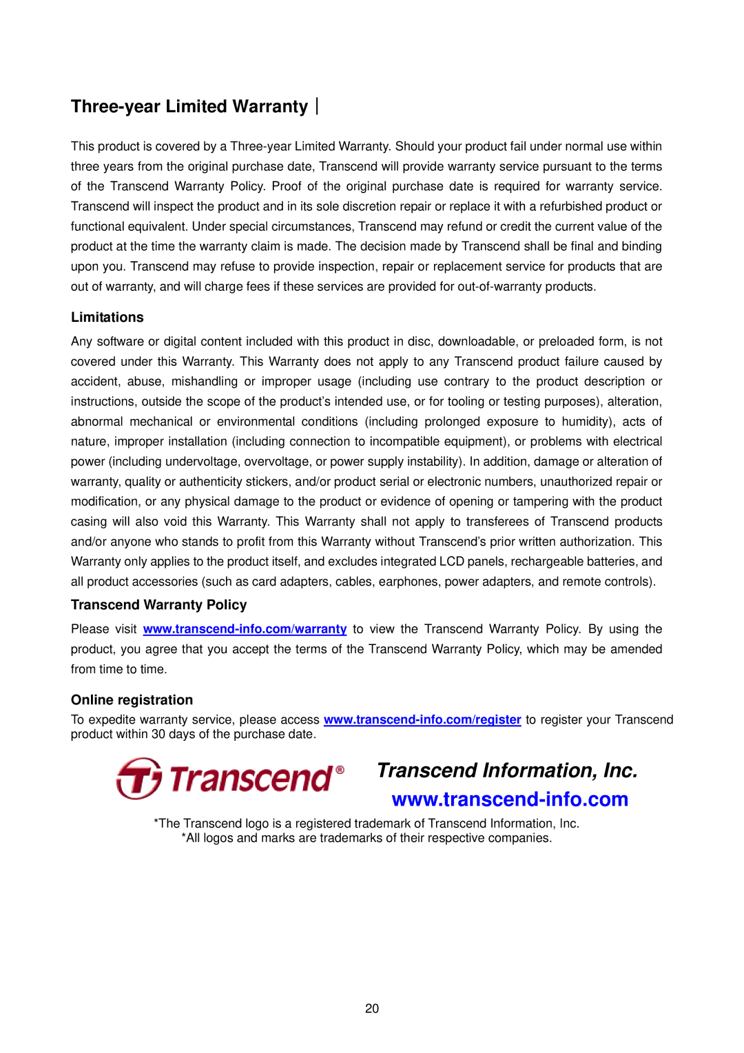 Transcend Information StoreJet 25 (Version 1.3) user manual Three-year Limited Warranty︱, Limitations 