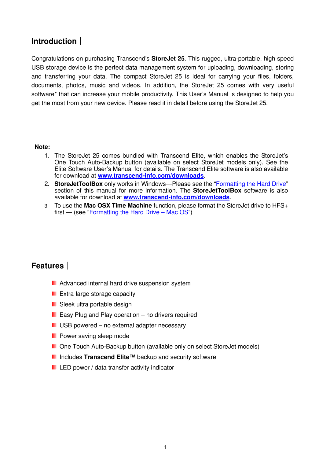 Transcend Information StoreJet 25 (Version 1.3) user manual Introduction︱ 