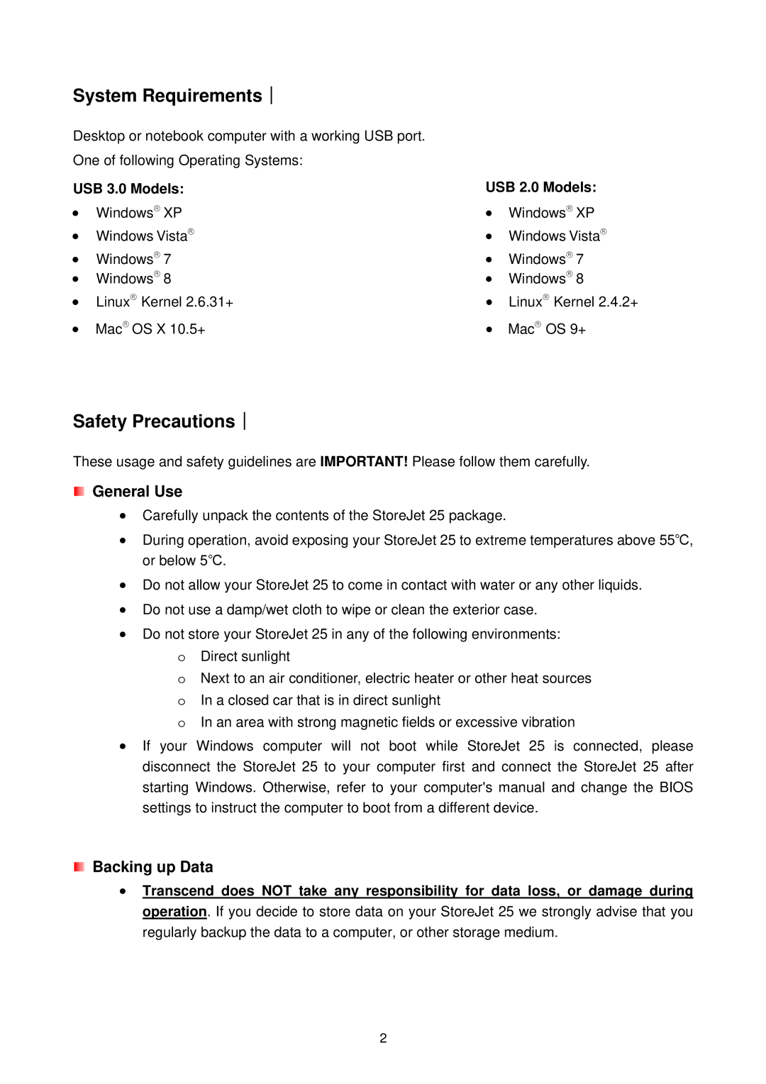 Transcend Information StoreJet 25 (Version 1.3) user manual General Use, USB 3.0 Models USB 2.0 Models 