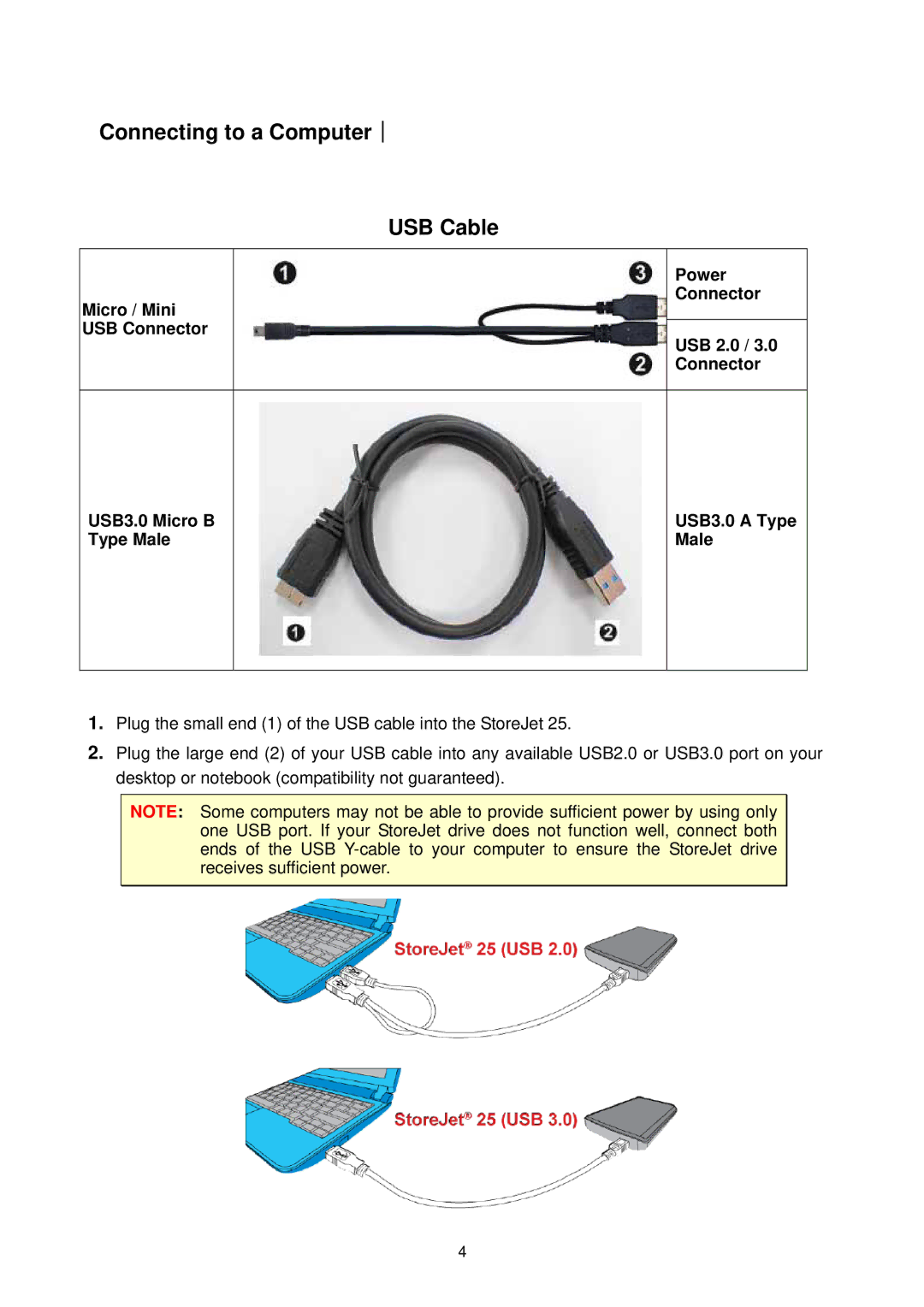 Transcend Information StoreJet 25 (Version 1.3) user manual Connecting to a Computer︱ USB Cable 