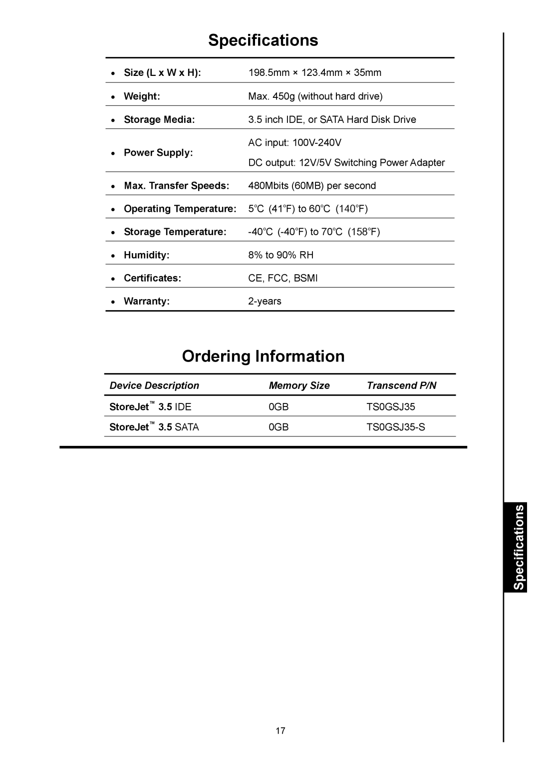 Transcend Information StoreJetTM 3.5 user manual Specifications, Ordering Information 