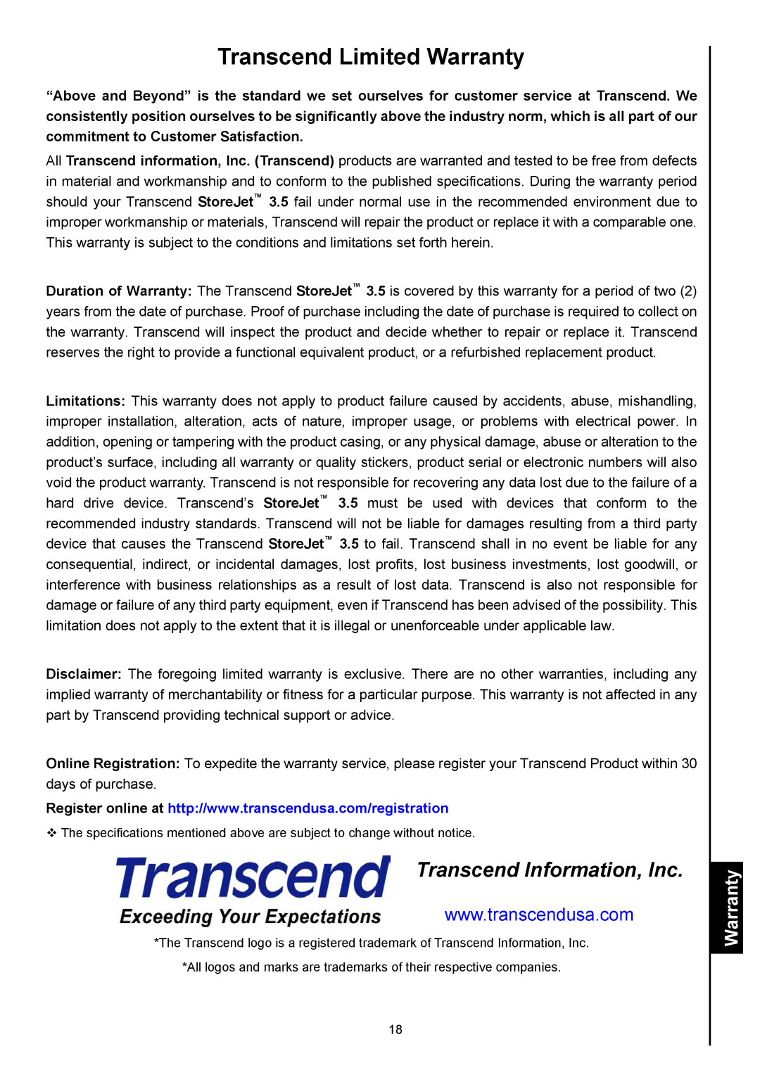 Transcend Information StoreJetTM 3.5 user manual Transcend Limited Warranty 