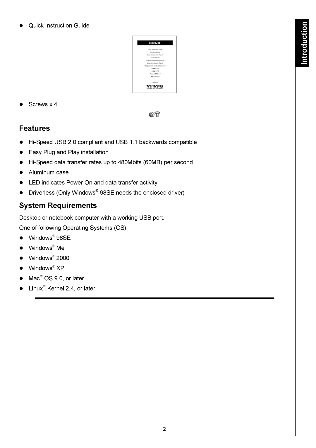 Transcend Information StoreJetTM 3.5 user manual Features, System Requirements 