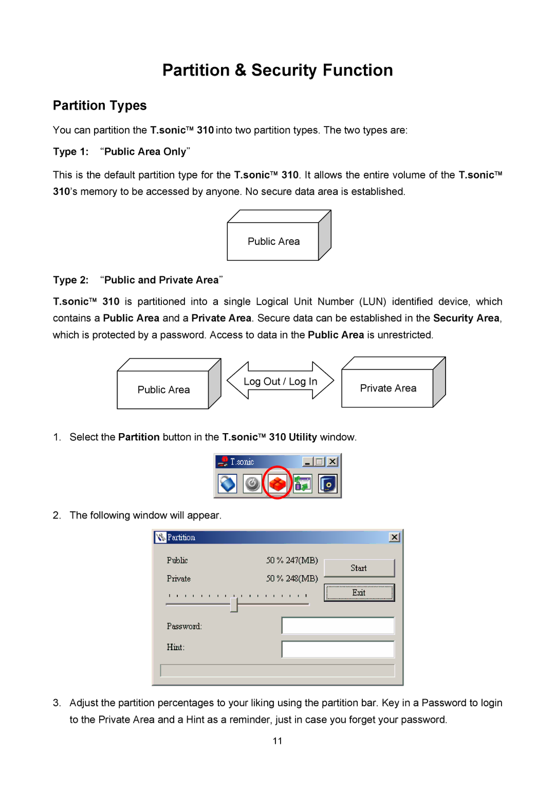 Transcend Information T sonic 310 user manual Partition & Security Function, Partition Types 