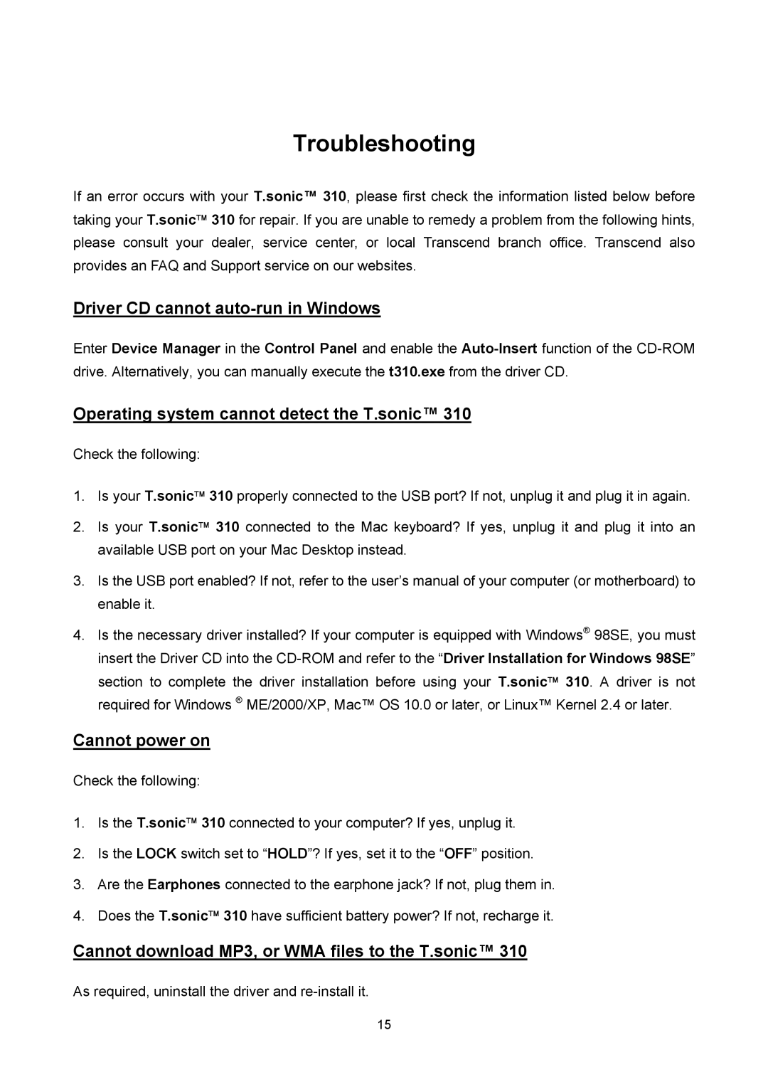 Transcend Information T sonic 310 user manual Troubleshooting, Driver CD cannot auto-run in Windows 