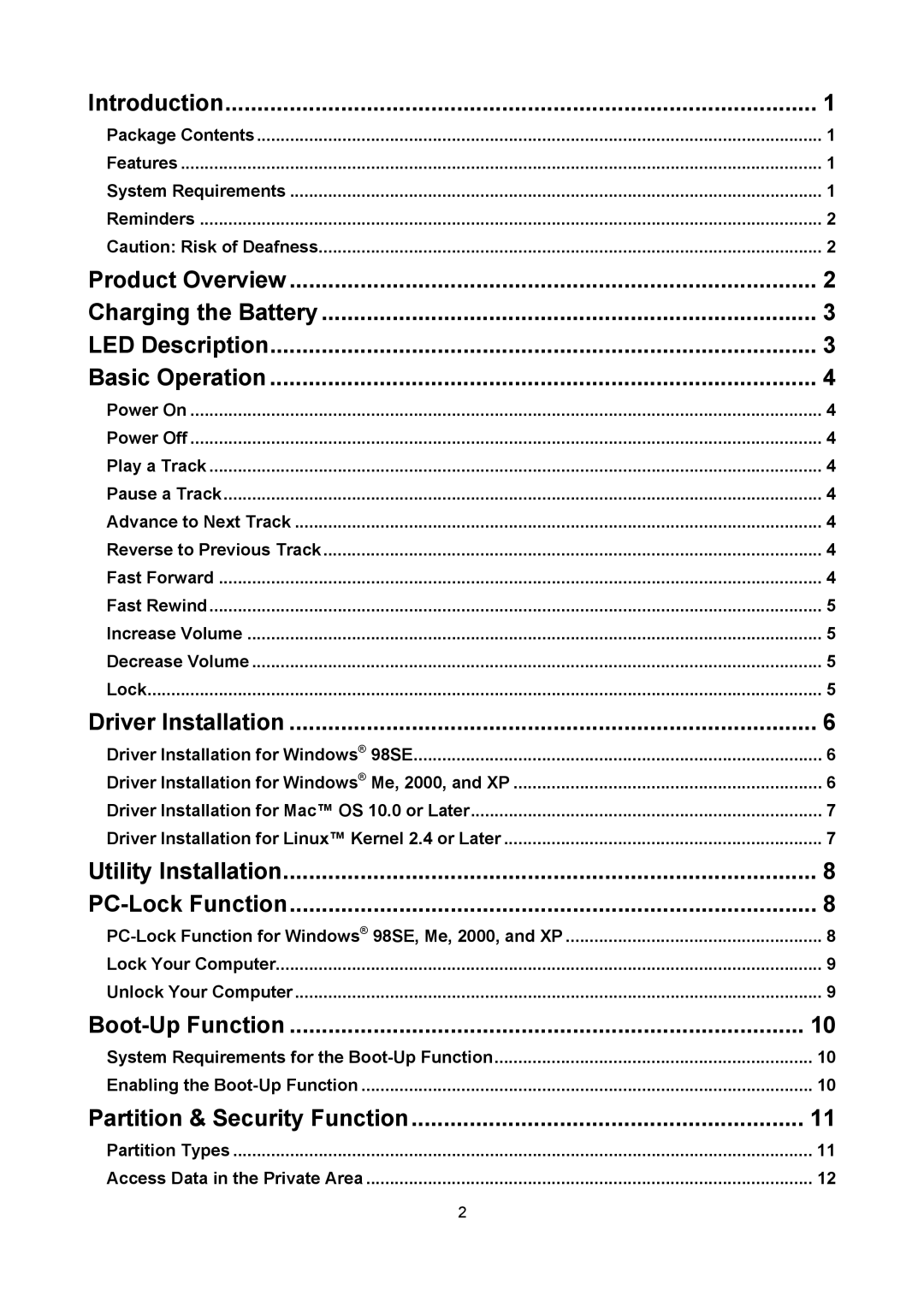 Transcend Information T sonic 310 user manual Introduction, Driver Installation, Utility Installation PC-Lock Function 