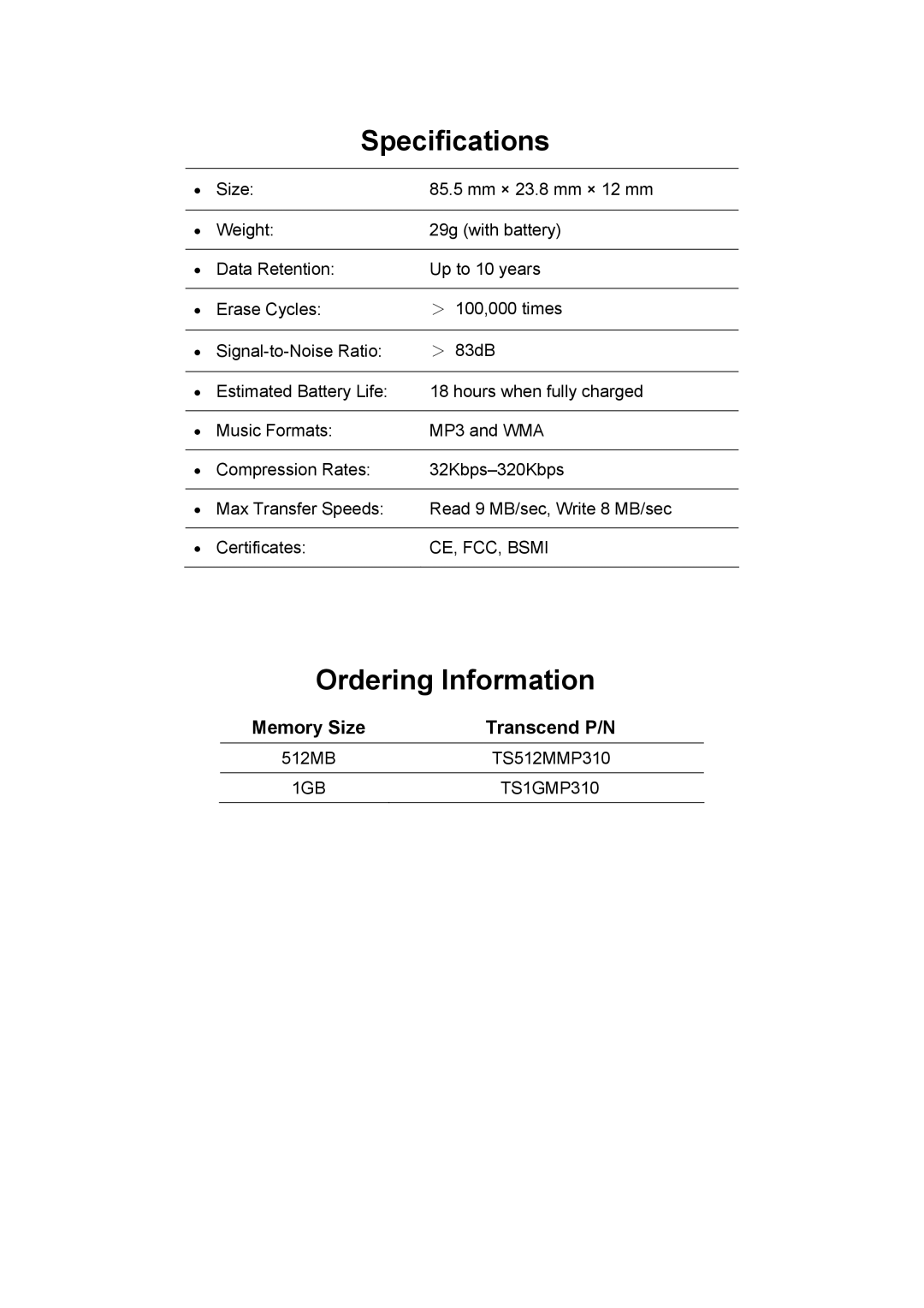 Transcend Information T sonic 310 user manual Specifications, Ordering Information 