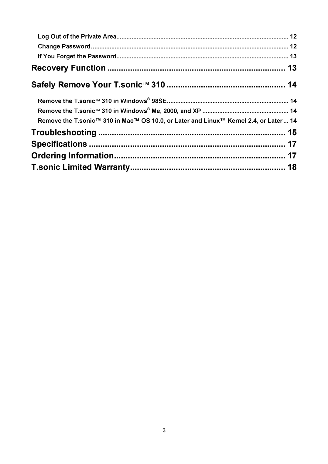 Transcend Information T sonic 310 Recovery Function Safely Remove Your T.sonic, Remove the T.sonic 310 in Windows 98SE 