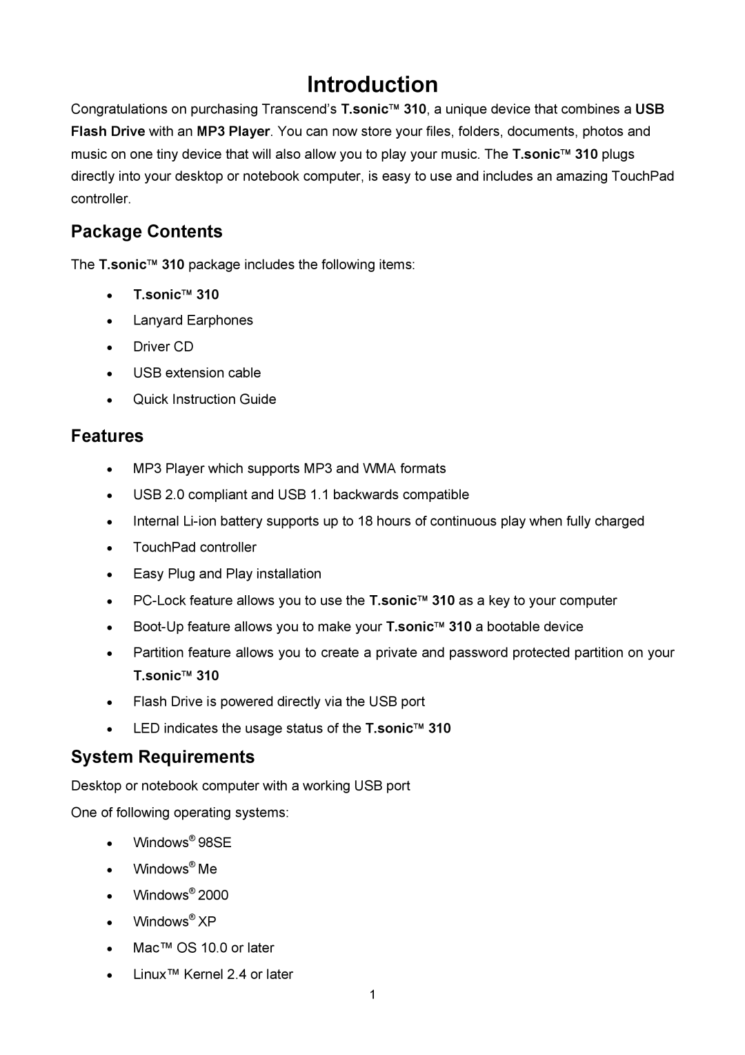 Transcend Information T sonic 310 user manual Introduction, Package Contents, Features, System Requirements 