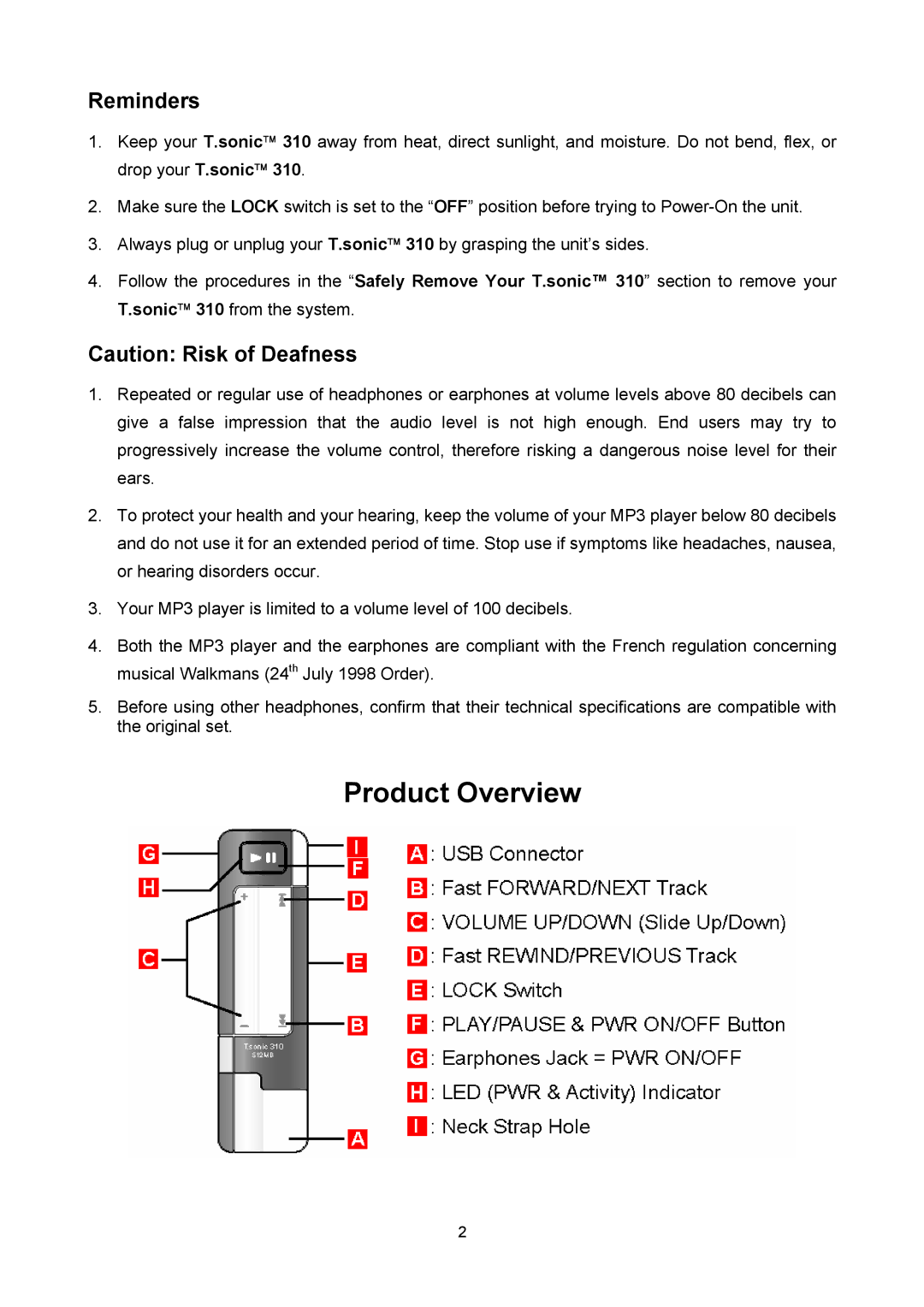 Transcend Information T sonic 310 user manual Product Overview, Reminders 